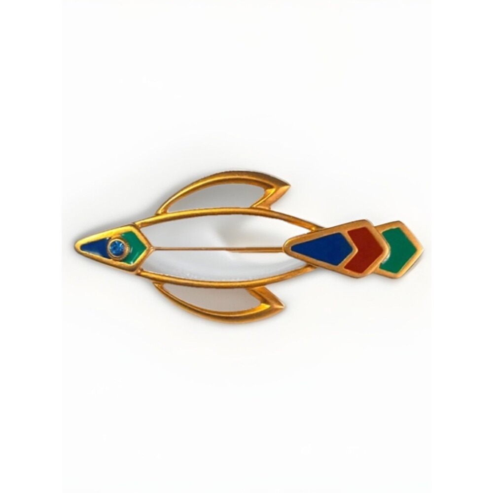 Vintage 80s Brooch Lapel Pin Fish Outline Enamel Gold Unisex
